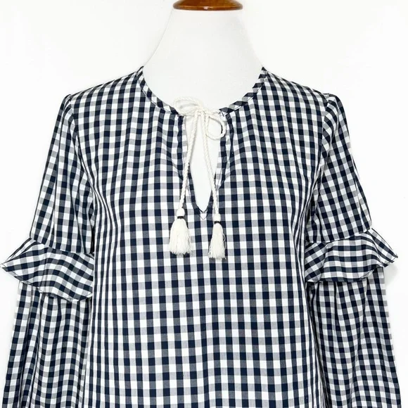 Splendid Navy Gingham Check Ruffled Tie Neck Navy White Long Sleeve Peasant Top - Picture 3 of 10